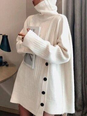 White Casual Women's Rib-Knit Button Front Long Sleeve Loose Sweater